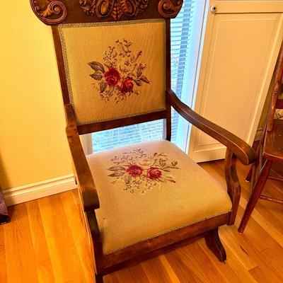 Beautiful Antique Carved Wood and Embroidered Armchair