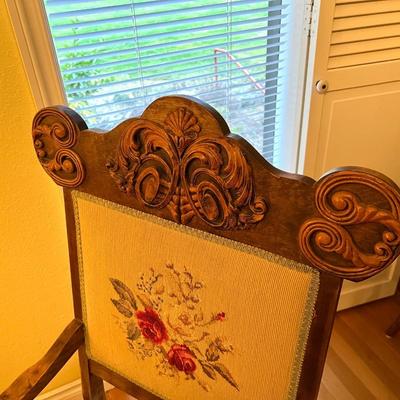 Beautiful Antique Carved Wood and Embroidered Armchair