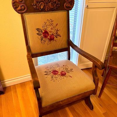 Beautiful Antique Carved Wood and Embroidered Armchair