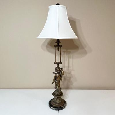 Antiqued Gold Cherub ~ 3-Way Adjustable Lamp With Marble Base