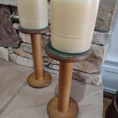 Pair of Wood Spool Candle Holders