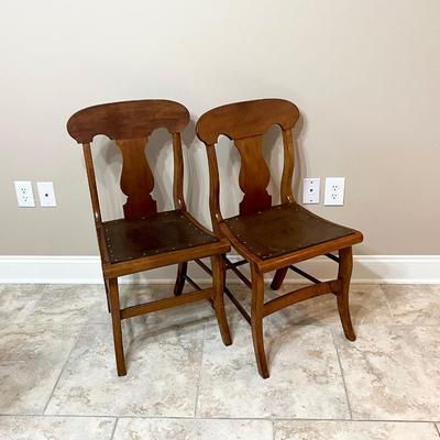 Pair Of Oak Chairs ~ Hard Leather Seats