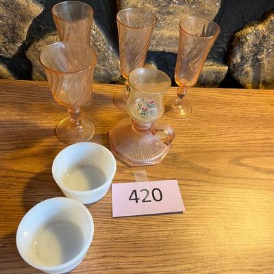 Pink French Glass & white custard cups