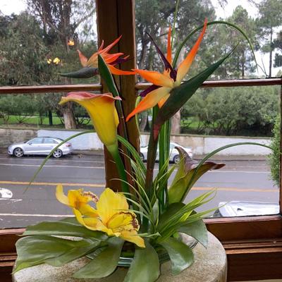 faux Birds of Paradise and column pedestal