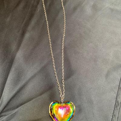 36â€ Vintage 18k gold plated huge rainbow glass heart necklace