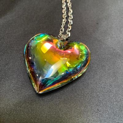 36â€ Vintage 18k gold plated huge rainbow glass heart necklace