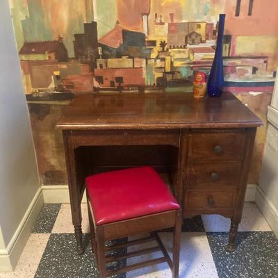 Vintage writing desk with leather top stool
