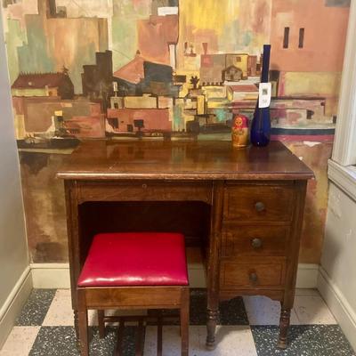 Vintage writing desk with leather top stool