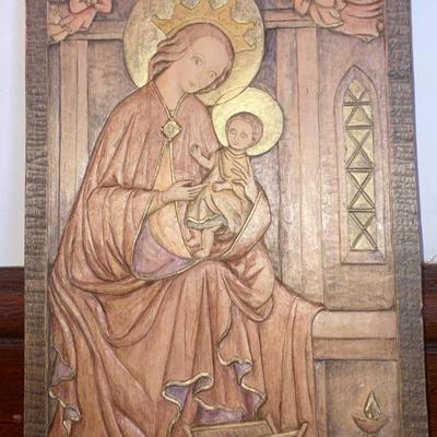 Pair of religious motif carved wood wall plaques