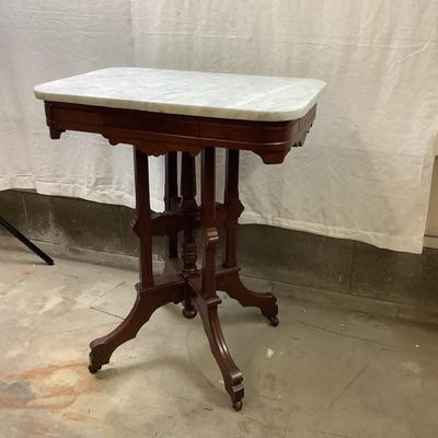 1457 Antique Eastlake Burl and Marble Top Parlor Table