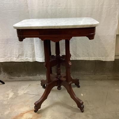 1457 Antique Eastlake Burl and Marble Top Parlor Table