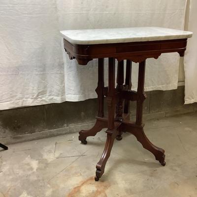 1457 Antique Eastlake Burl and Marble Top Parlor Table