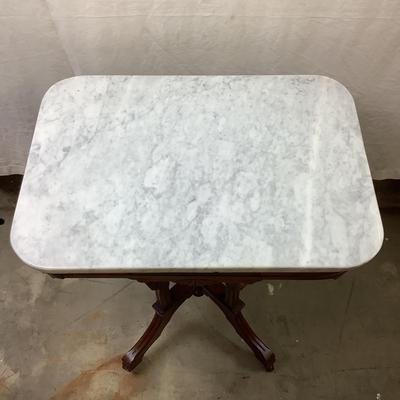 1457 Antique Eastlake Burl and Marble Top Parlor Table