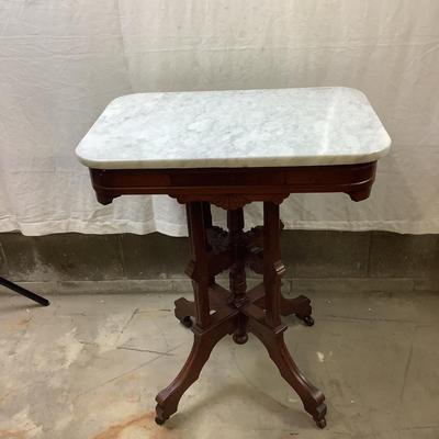 1457 Antique Eastlake Burl and Marble Top Parlor Table