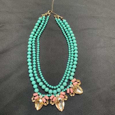 18â€ 3 Strand BeadedTurquoise Necklace with Pink Accent