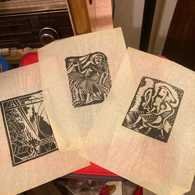 3 unframed lino prints on parchment paper, signed and numbered
