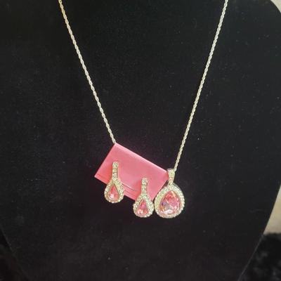 Fun Pink Rhinestone Necklace & Post Earrings with Adjustable Ring