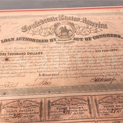 Lot #183 - A Piece of History - $1000 Confederate 3rd series bond - framed - only 1 coupon missing