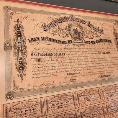 Lot #183 - A Piece of History - $1000 Confederate 3rd series bond - framed - only 1 coupon missing