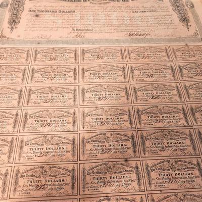 Lot #183 - A Piece of History - $1000 Confederate 3rd series bond - framed - only 1 coupon missing