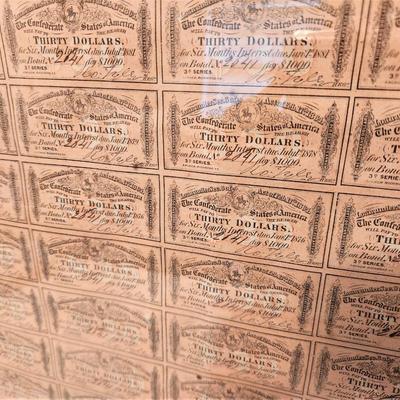 Lot #183 - A Piece of History - $1000 Confederate 3rd series bond - framed - only 1 coupon missing