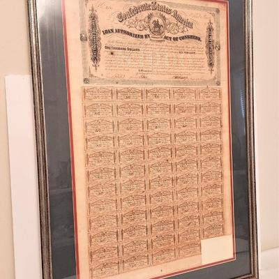 Lot #183 - A Piece of History - $1000 Confederate 3rd series bond - framed - only 1 coupon missing