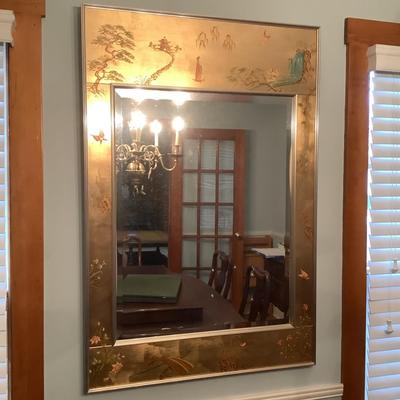 521 1977 La Barge Reverse Hand Painted Chinoiserie Mirror, Signed and Dated