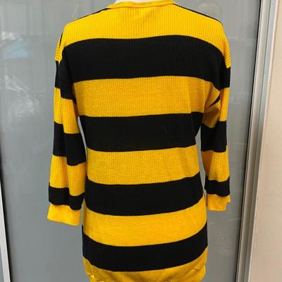 Vintage Retro Yellow & Black Wide Stripe Miss Kalico California Sweater Henley Top Tunic Blouse