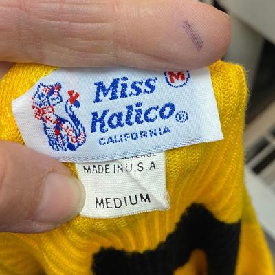 Vintage Retro Yellow & Black Wide Stripe Miss Kalico California Sweater Henley Top Tunic Blouse