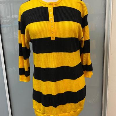 Vintage Retro Yellow & Black Wide Stripe Miss Kalico California Sweater Henley Top Tunic Blouse