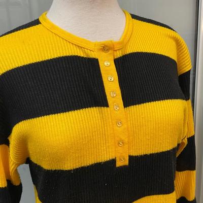 Vintage Retro Yellow & Black Wide Stripe Miss Kalico California Sweater Henley Top Tunic Blouse