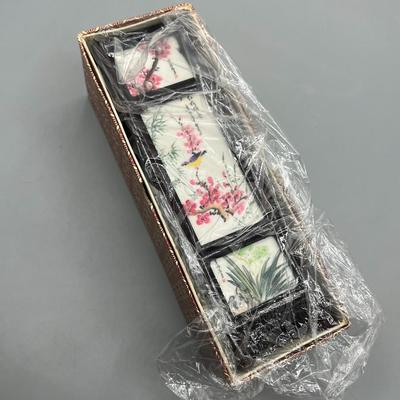 Miniature Hand Painted Ceramic & Wood Shoji Screen with Different Scenes & Floral Imagery