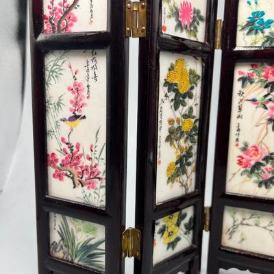 Miniature Hand Painted Ceramic & Wood Shoji Screen with Different Scenes & Floral Imagery