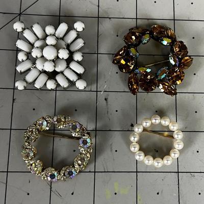 4 Vintage Pins: White, Pearl and Rhinestone 