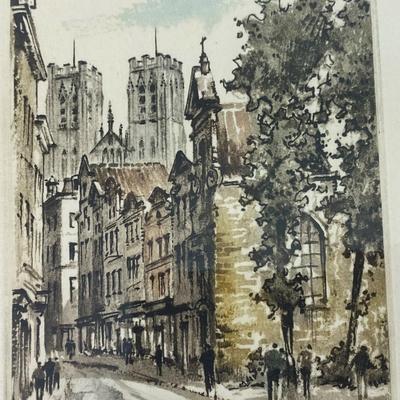 vintage SIGNED COLORED ETCHING EUROPEAN CITYSCAPE BLOCK PRINT
