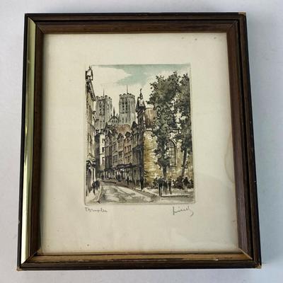 vintage SIGNED COLORED ETCHING EUROPEAN CITYSCAPE BLOCK PRINT