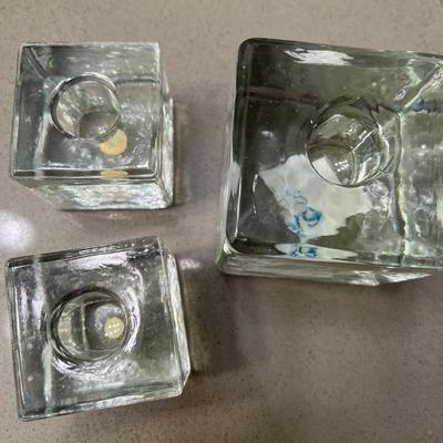 3 solid glass cubes candle holders