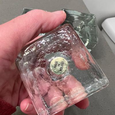 3 solid glass cubes candle holders