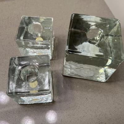 3 solid glass cubes candle holders