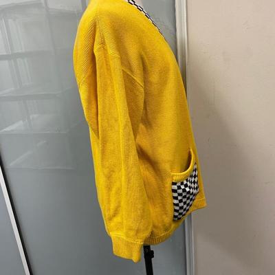 Vintage Retro Liz Claiborne Sport Yellow Zip Front Cardigan Sweater with Black & White Checker Trim