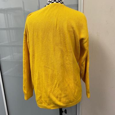 Vintage Retro Liz Claiborne Sport Yellow Zip Front Cardigan Sweater with Black & White Checker Trim