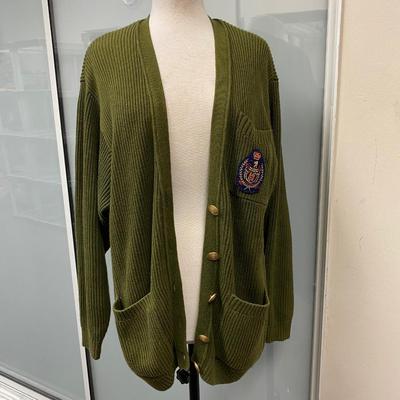 Olive Green Liz Claiborne Sport Academy Emblem Cardigan Sweater