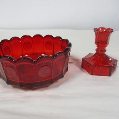 Ruby Red Coin Glass Bowl & Candle Stick