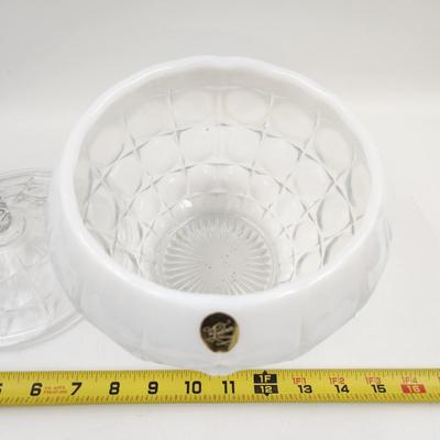 TIARA LARGE MILK GLASS EDGED BOWL WITH LID