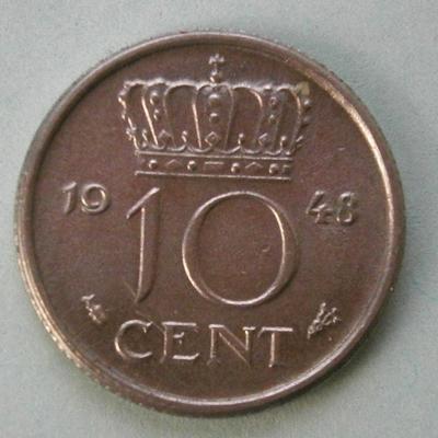 NETHERLANDS 1948 10 Cent Coin