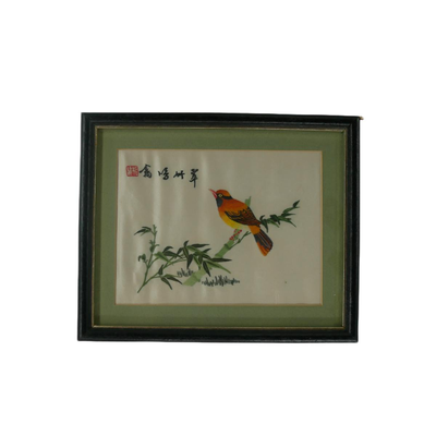 Bird on Bamboo Asian Embroidery Artwork