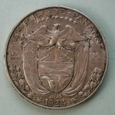 PANAMA 1934 Cuarto (1/4) Balboa Silver Coin