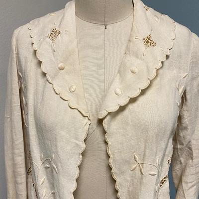 Vintage Antique Victorian Ecru Embroidered Lace Work Coat Blouse