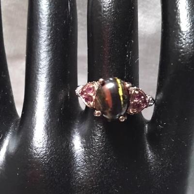 Unique STS Tiger Eye/Rhodolite Garnets/Diamonds 14k Rose Gold/925 Size 7