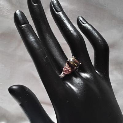 Unique STS Tiger Eye/Rhodolite Garnets/Diamonds 14k Rose Gold/925 Size 7